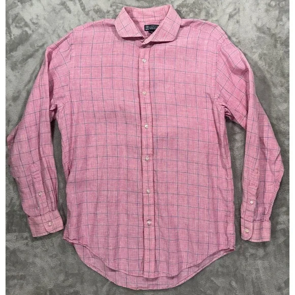 Lands End Baird McNutt Shirt Mens 15 1/2 33 Pink Irish Linen WindowPane Plaid - Picture 1 of 15